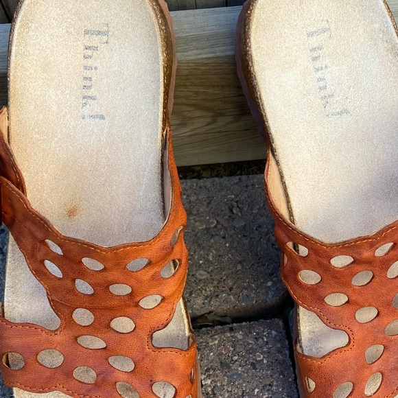 Think women tangerine and brown laser cut designed slip on sandal. Size 37. Used - Picture 6 of 9